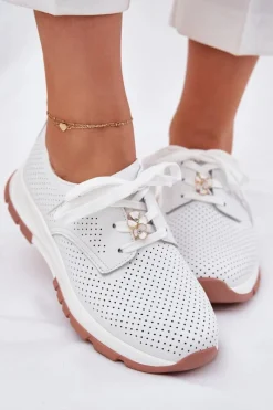New Skórzane Półbuty Damskie Z Przypinką 54C1810 Białe Damskie Buty Sportowe Na Platformie|Półbuty Skórzane