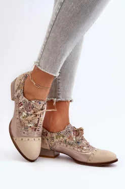 Półbuty Skórzane>Maciejka Skórzane Półbuty Damskie Ze Zdobioną Cholewką 06408-04 Beżowe