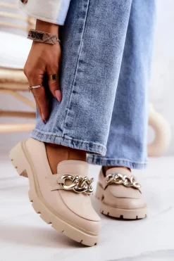 Mokasyny Damskie Skórzane>Boto Skórzane Półbuty Loafery Łańcuch Beżowe Amicable