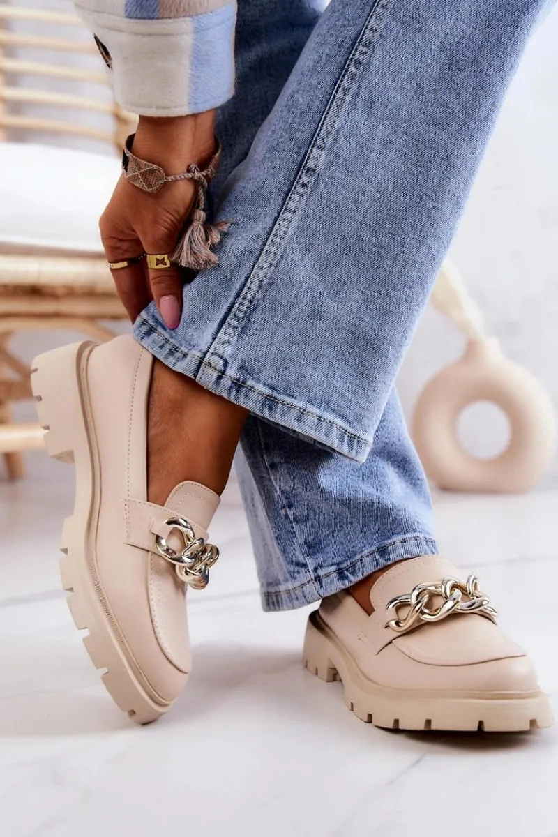 Mokasyny Damskie Skórzane>Boto Skórzane Półbuty Loafery Łańcuch Beżowe Amicable