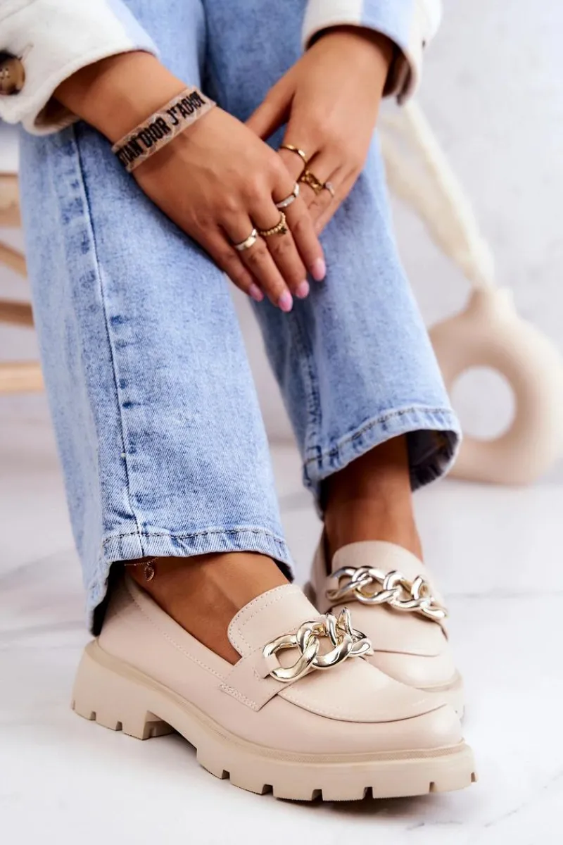 Mokasyny Damskie Skórzane>Boto Skórzane Półbuty Loafery Łańcuch Beżowe Amicable