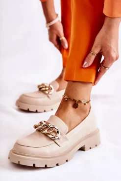 Mokasyny Damskie Skórzane>Boto Skórzane Półbuty Loafery Łańcuch Jasnobeżowe Amicable