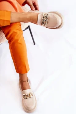 Mokasyny Damskie Skórzane>Boto Skórzane Półbuty Loafery Łańcuch Jasnobeżowe Amicable