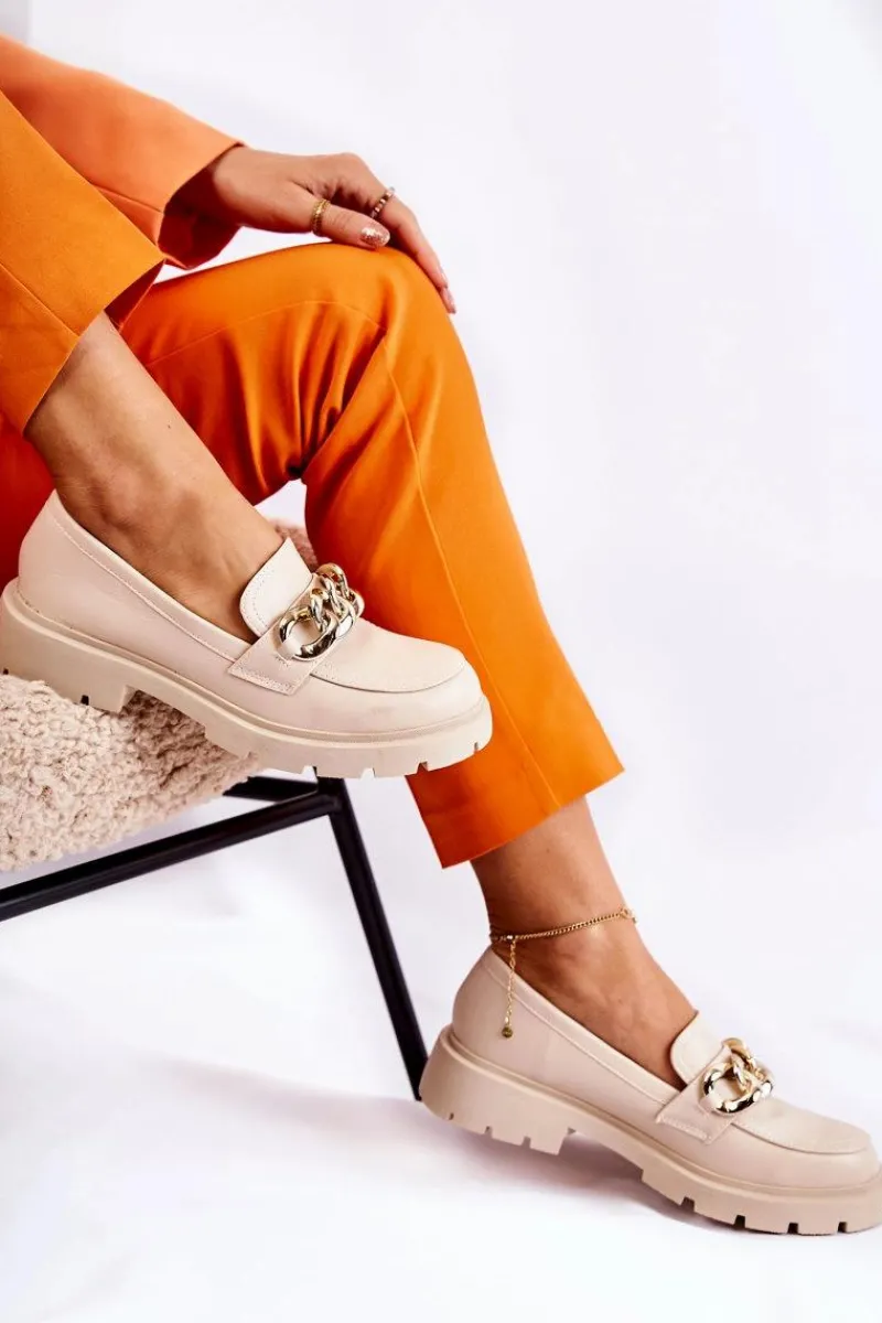 Mokasyny Damskie Skórzane>Boto Skórzane Półbuty Loafery Łańcuch Jasnobeżowe Amicable