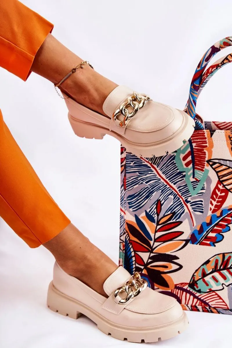 Mokasyny Damskie Skórzane>Boto Skórzane Półbuty Loafery Łańcuch Jasnobeżowe Amicable