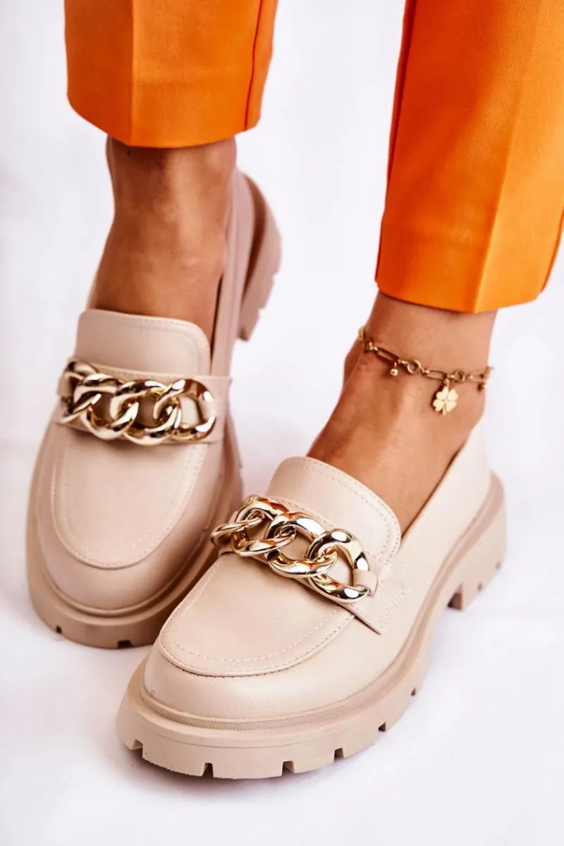 Mokasyny Damskie Skórzane>Boto Skórzane Półbuty Loafery Łańcuch Jasnobeżowe Amicable