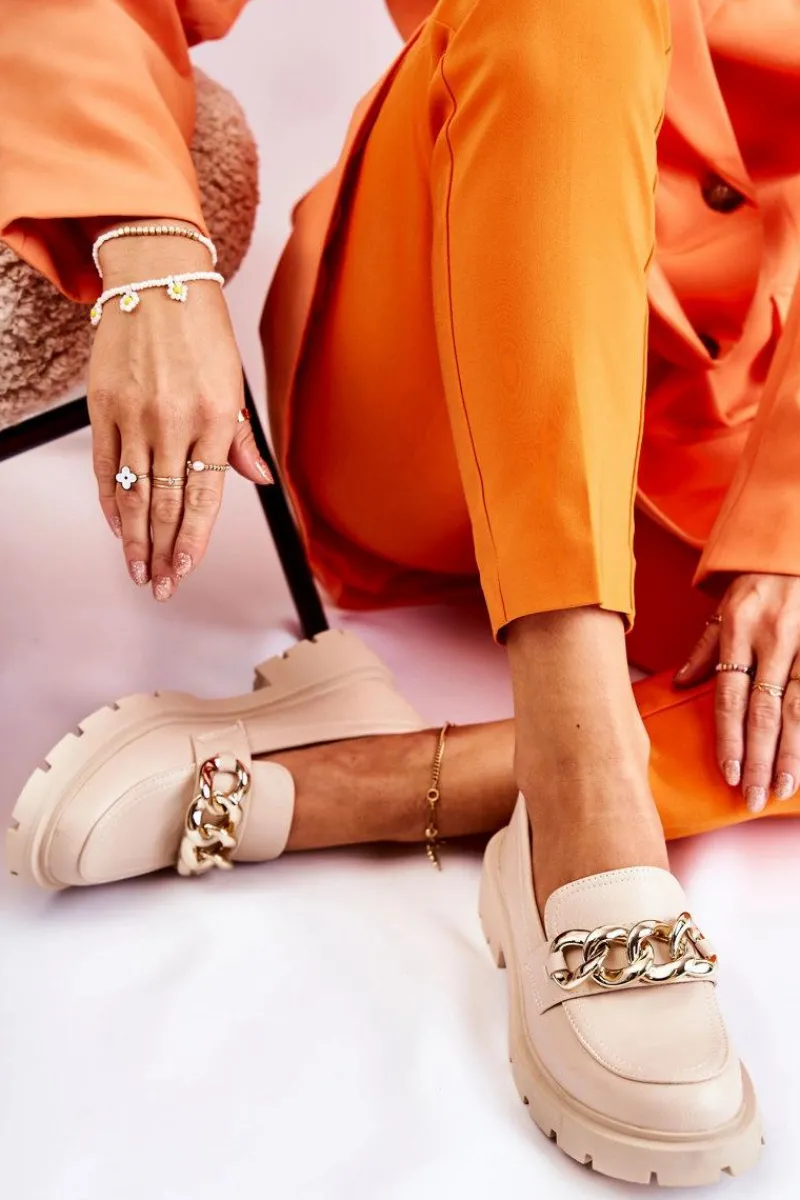 Mokasyny Damskie Skórzane>Boto Skórzane Półbuty Loafery Łańcuch Jasnobeżowe Amicable