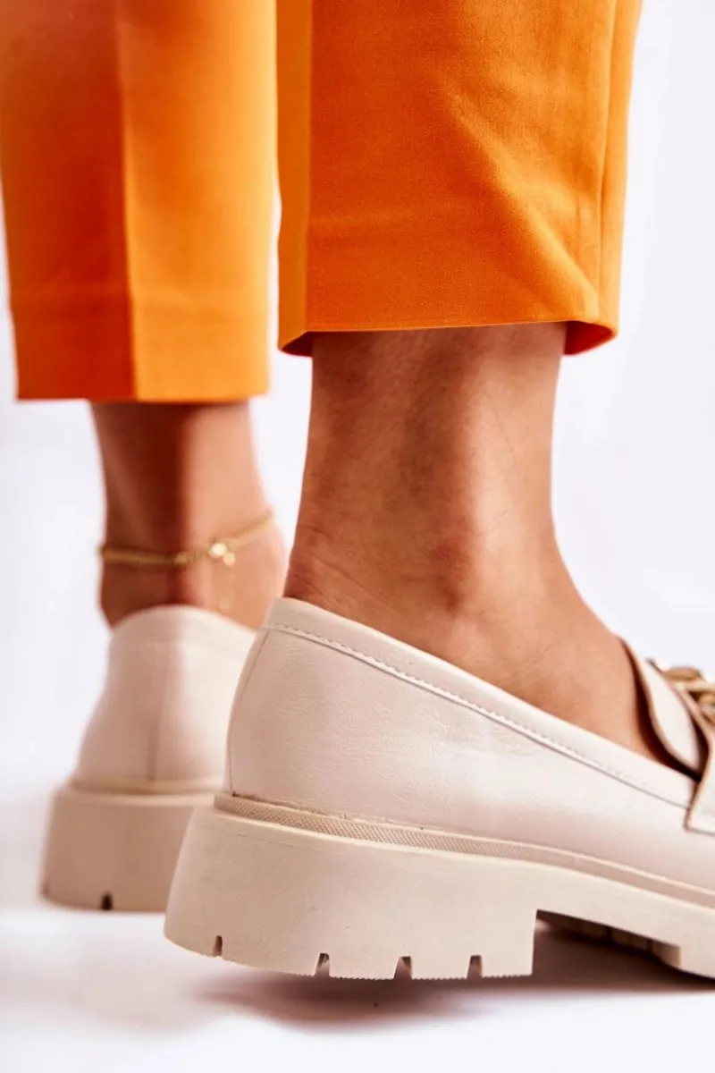 Mokasyny Damskie Skórzane>Boto Skórzane Półbuty Loafery Łańcuch Jasnobeżowe Amicable