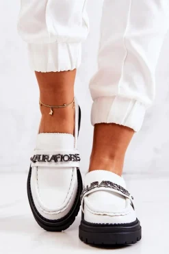 Sale Skórzane Półbuty Loafery Literki La.Fi 210001W-PU Białe Damskie Mokasyny Damskie Skórzane