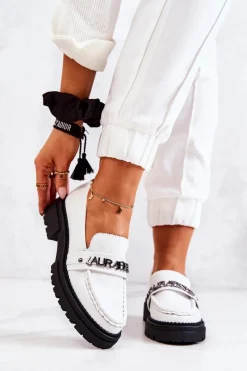 Sale Skórzane Półbuty Loafery Literki La.Fi 210001W-PU Białe Damskie Mokasyny Damskie Skórzane