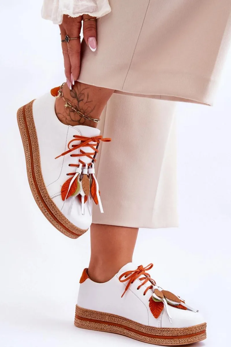 Outlet Skórzane Półbuty 04550-11 Białe Damskie Buty Sportowe Na Platformie