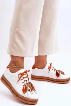 Outlet Skórzane Półbuty 04550-11 Białe Damskie Buty Sportowe Na Platformie