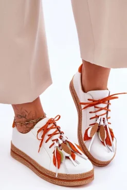 Outlet Skórzane Półbuty 04550-11 Białe Damskie Buty Sportowe Na Platformie