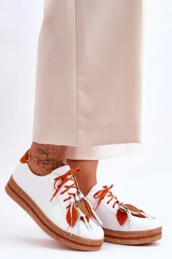 Outlet Skórzane Półbuty 04550-11 Białe Damskie Buty Sportowe Na Platformie