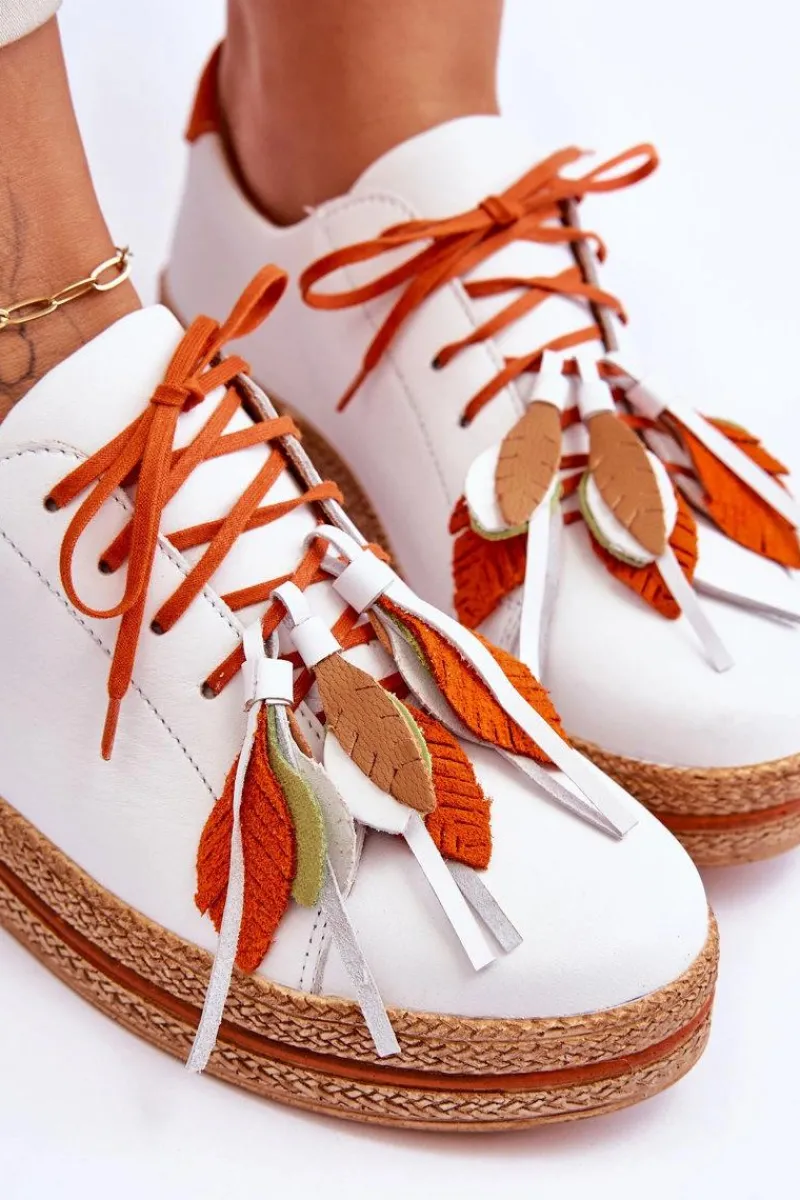 Outlet Skórzane Półbuty 04550-11 Białe Damskie Buty Sportowe Na Platformie