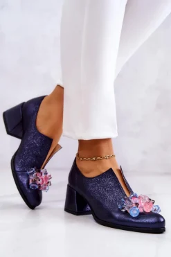 Boto Skórzane Półbuty Metaliczne Z Ozdobą Granatowe Delaver