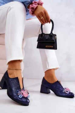 Boto Skórzane Półbuty Metaliczne Z Ozdobą Granatowe Delaver