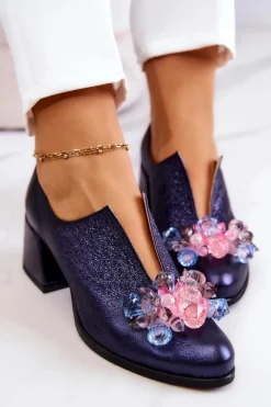 Boto Skórzane Półbuty Metaliczne Z Ozdobą Granatowe Delaver