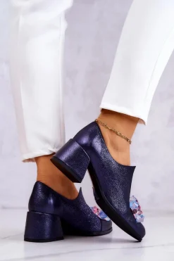 Boto Skórzane Półbuty Metaliczne Z Ozdobą Granatowe Delaver