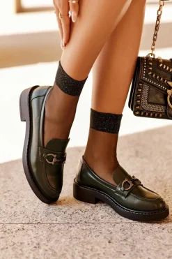 Buty Sergio Leone Skórzane Półbuty Mokasyny Damskie Ciemnozielone Beanika