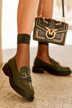 Buty Sergio Leone Skórzane Półbuty Mokasyny Damskie Ciemnozielone Beanika