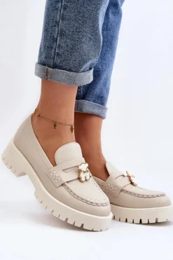 Discount Skórzane Półbuty Mokasyny Z Misiem 4291 Jasnobeżowe Damskie Mokasyny Damskie Skórzane