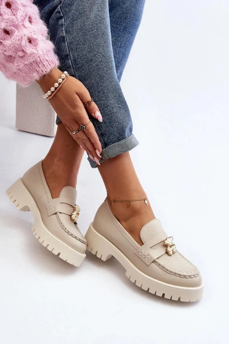 Discount Skórzane Półbuty Mokasyny Z Misiem 4291 Jasnobeżowe Damskie Mokasyny Damskie Skórzane