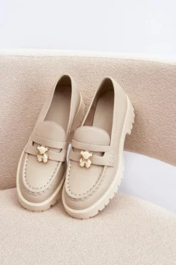 Discount Skórzane Półbuty Mokasyny Z Misiem 4291 Jasnobeżowe Damskie Mokasyny Damskie Skórzane