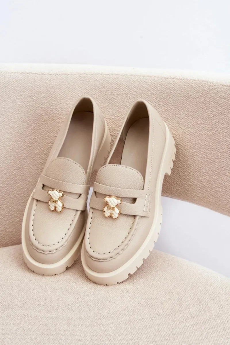 Discount Skórzane Półbuty Mokasyny Z Misiem 4291 Jasnobeżowe Damskie Mokasyny Damskie Skórzane