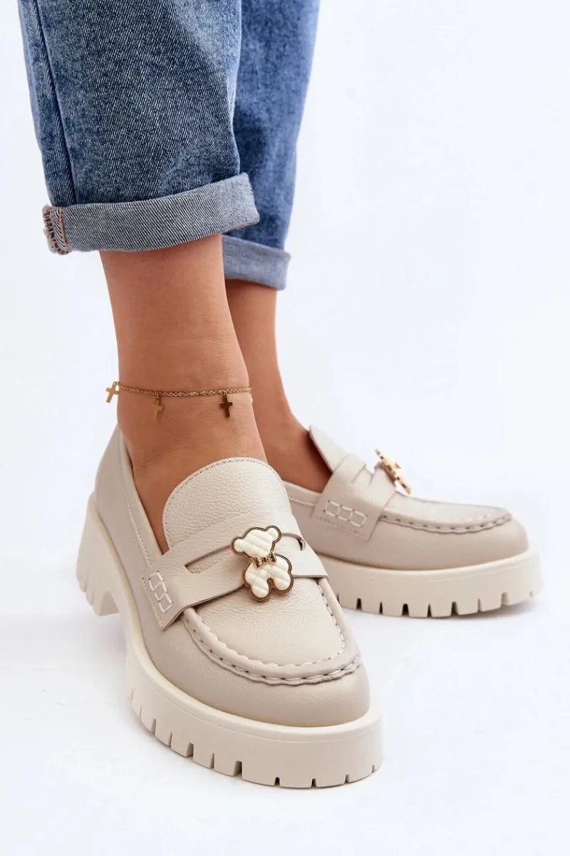 Discount Skórzane Półbuty Mokasyny Z Misiem 4291 Jasnobeżowe Damskie Mokasyny Damskie Skórzane