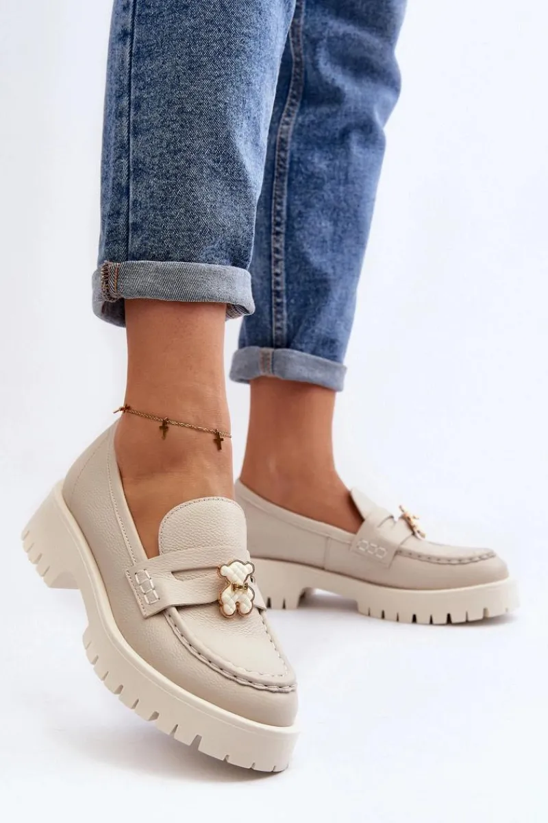 Discount Skórzane Półbuty Mokasyny Z Misiem 4291 Jasnobeżowe Damskie Mokasyny Damskie Skórzane