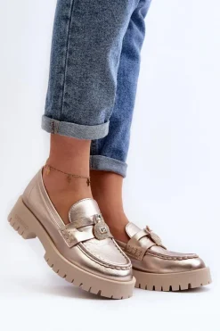 Clearance Skórzane Półbuty Mokasyny Z Ozdobą 4291 Złote Damskie Mokasyny Płaskie|Mokasyny Damskie Skórzane