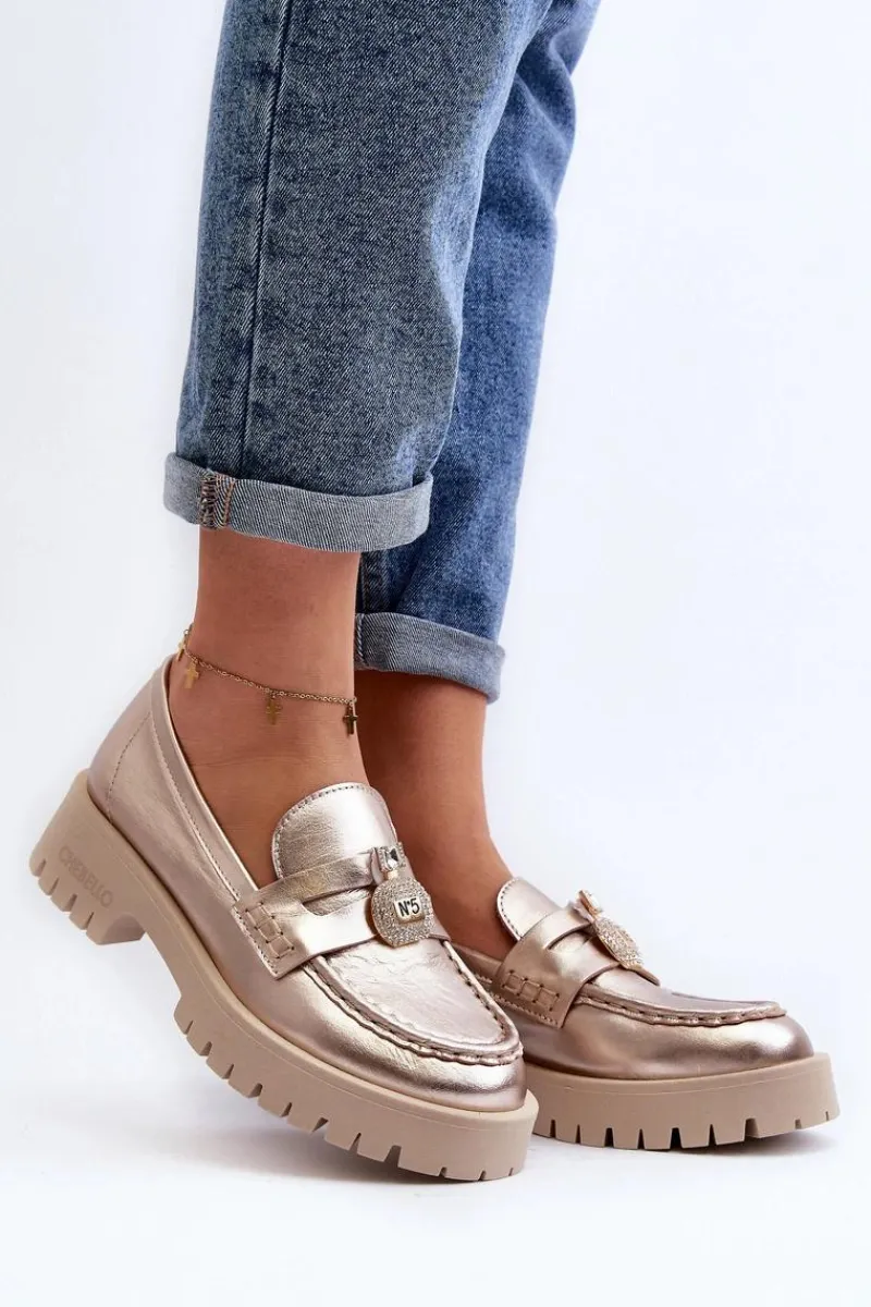 Clearance Skórzane Półbuty Mokasyny Z Ozdobą 4291 Złote Damskie Mokasyny Płaskie|Mokasyny Damskie Skórzane