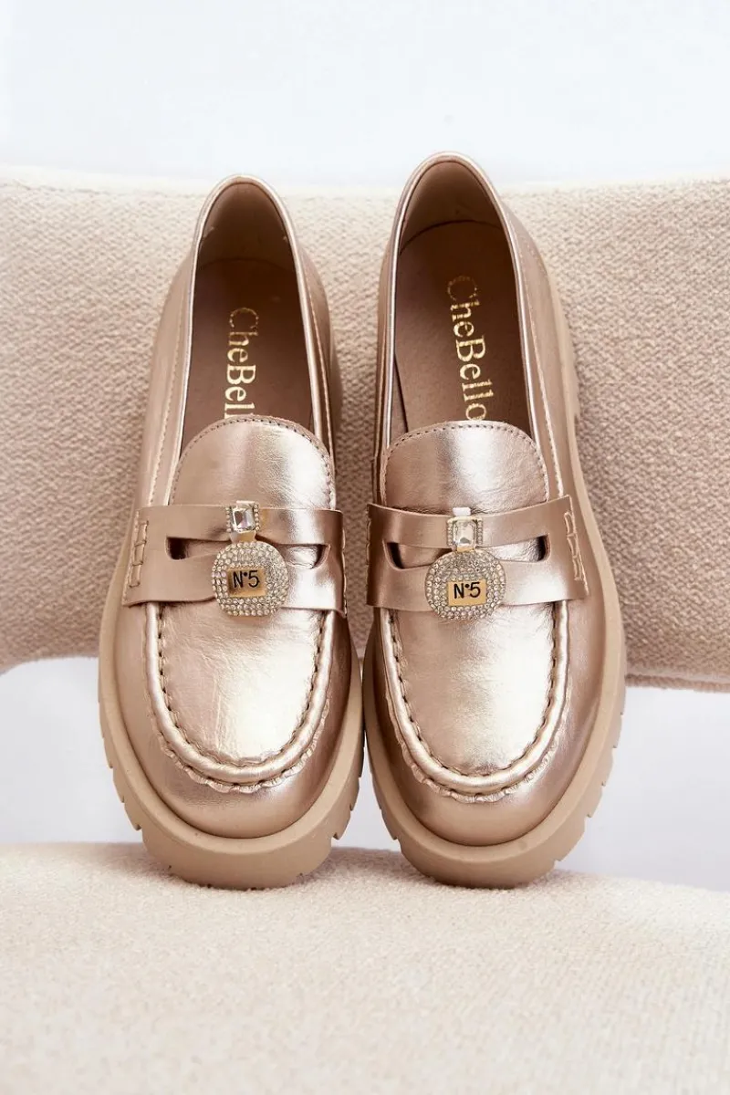 Clearance Skórzane Półbuty Mokasyny Z Ozdobą 4291 Złote Damskie Mokasyny Płaskie|Mokasyny Damskie Skórzane