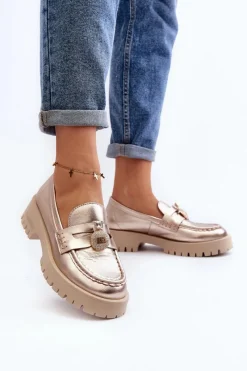 Clearance Skórzane Półbuty Mokasyny Z Ozdobą 4291 Złote Damskie Mokasyny Płaskie|Mokasyny Damskie Skórzane