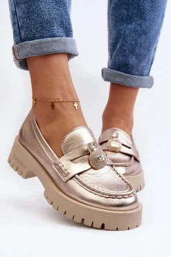 Clearance Skórzane Półbuty Mokasyny Z Ozdobą 4291 Złote Damskie Mokasyny Płaskie|Mokasyny Damskie Skórzane