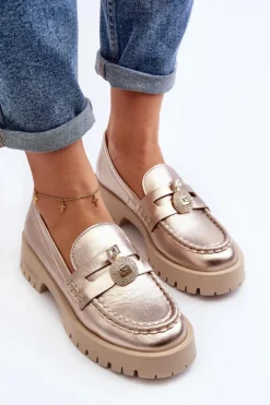 Clearance Skórzane Półbuty Mokasyny Z Ozdobą 4291 Złote Damskie Mokasyny Płaskie|Mokasyny Damskie Skórzane