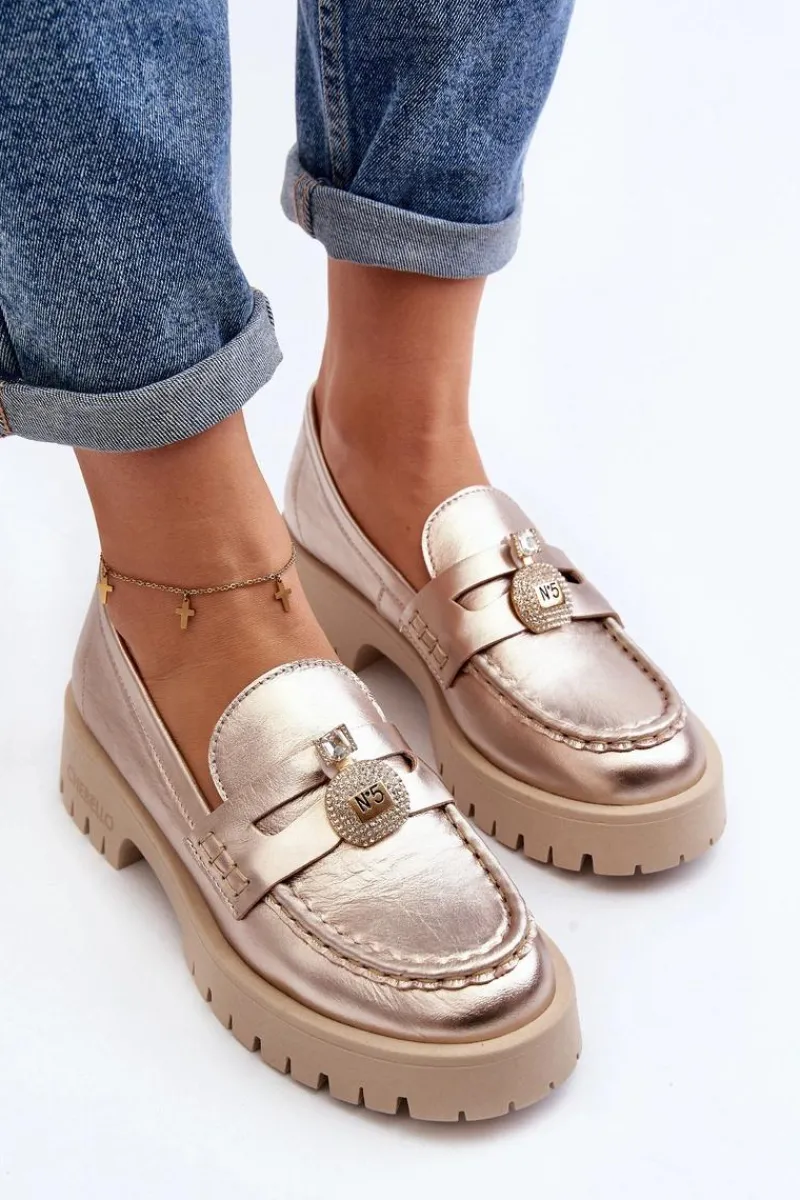 Clearance Skórzane Półbuty Mokasyny Z Ozdobą 4291 Złote Damskie Mokasyny Płaskie|Mokasyny Damskie Skórzane