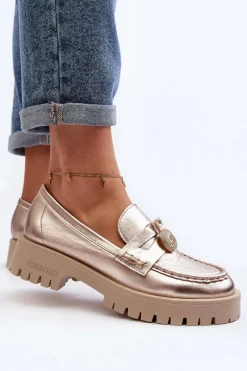 Clearance Skórzane Półbuty Mokasyny Z Ozdobą 4291 Złote Damskie Mokasyny Płaskie|Mokasyny Damskie Skórzane