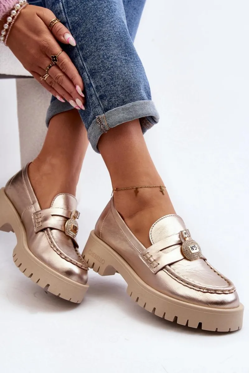 Clearance Skórzane Półbuty Mokasyny Z Ozdobą 4291 Złote Damskie Mokasyny Płaskie|Mokasyny Damskie Skórzane