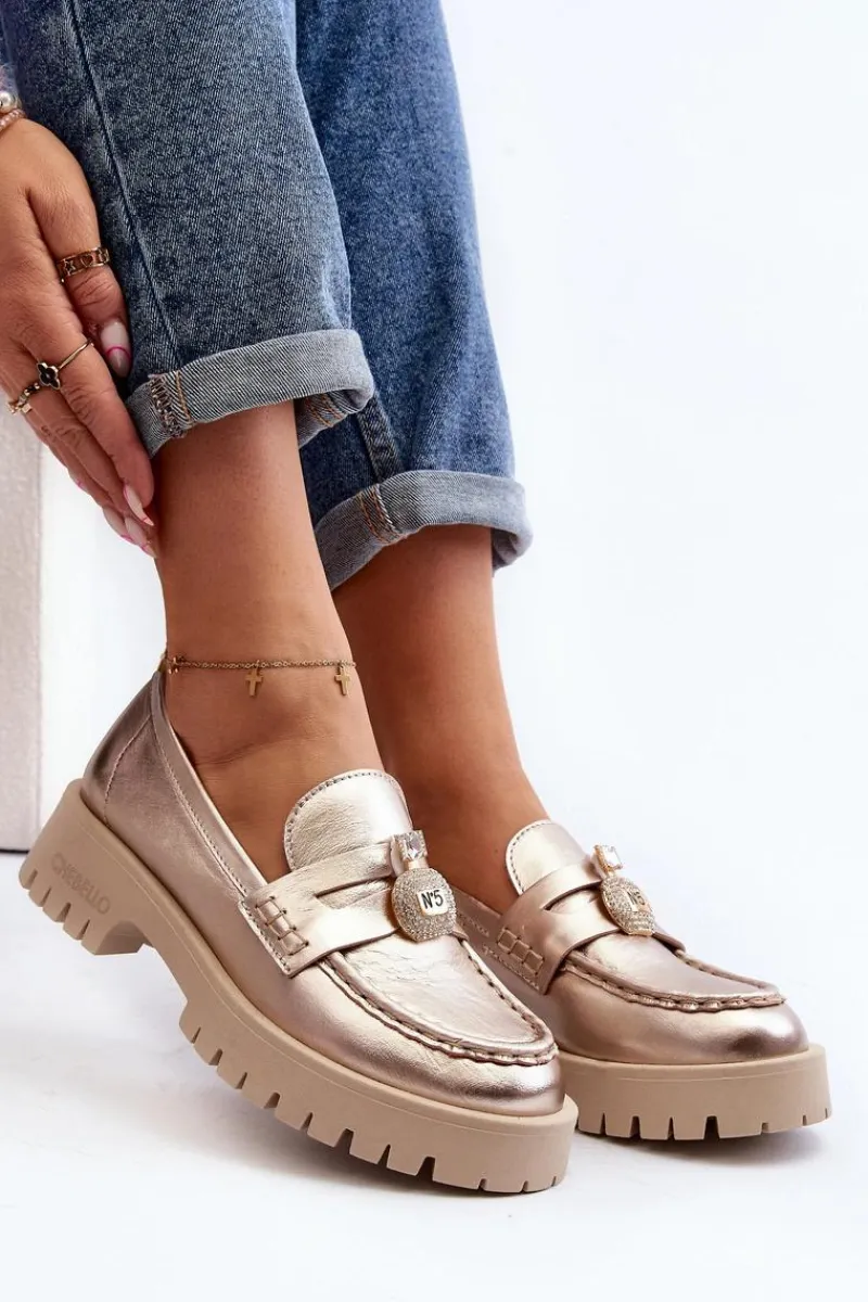 Clearance Skórzane Półbuty Mokasyny Z Ozdobą 4291 Złote Damskie Mokasyny Płaskie|Mokasyny Damskie Skórzane