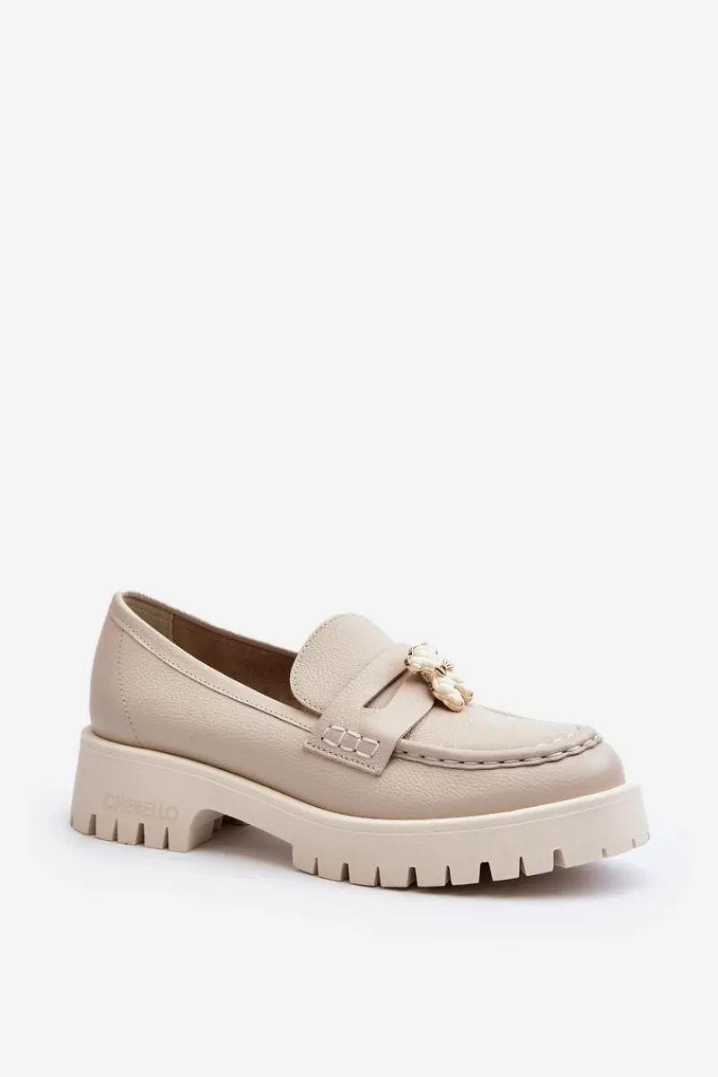 Mokasyny Płaskie|Mokasyny Damskie Skórzane>CheBello Skórzane Półbuty Mokasyny Z Misiem 4291 Jasnobeżowe
