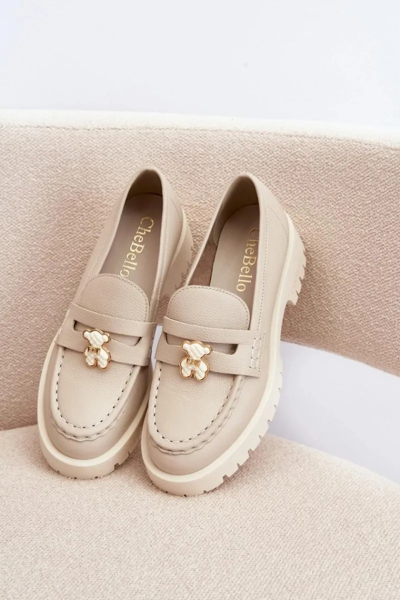 Mokasyny Płaskie|Mokasyny Damskie Skórzane>CheBello Skórzane Półbuty Mokasyny Z Misiem 4291 Jasnobeżowe