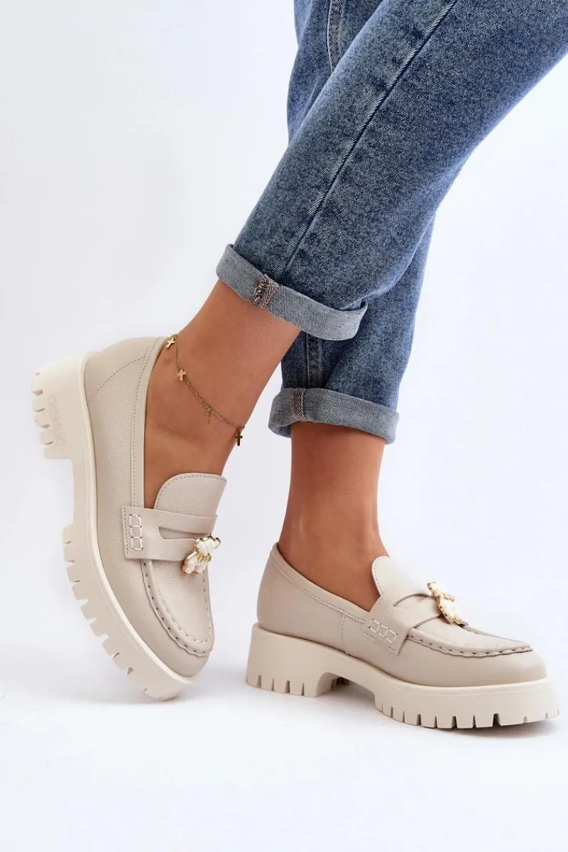 Mokasyny Płaskie|Mokasyny Damskie Skórzane>CheBello Skórzane Półbuty Mokasyny Z Misiem 4291 Jasnobeżowe