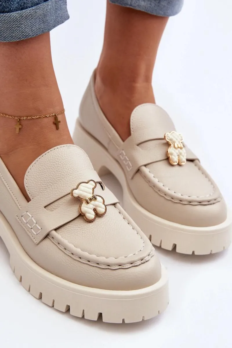Mokasyny Płaskie|Mokasyny Damskie Skórzane>CheBello Skórzane Półbuty Mokasyny Z Misiem 4291 Jasnobeżowe