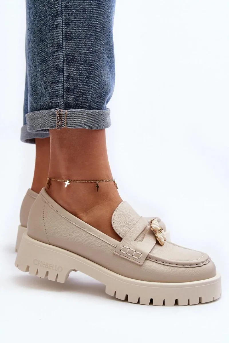 Mokasyny Płaskie|Mokasyny Damskie Skórzane>CheBello Skórzane Półbuty Mokasyny Z Misiem 4291 Jasnobeżowe
