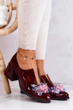 Półbuty Skórzane>Boto Skórzane Półbuty Mozaika Z Ozdobą Bordowe Delaver