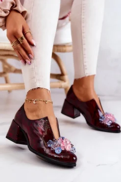 Półbuty Skórzane>Boto Skórzane Półbuty Mozaika Z Ozdobą Bordowe Delaver