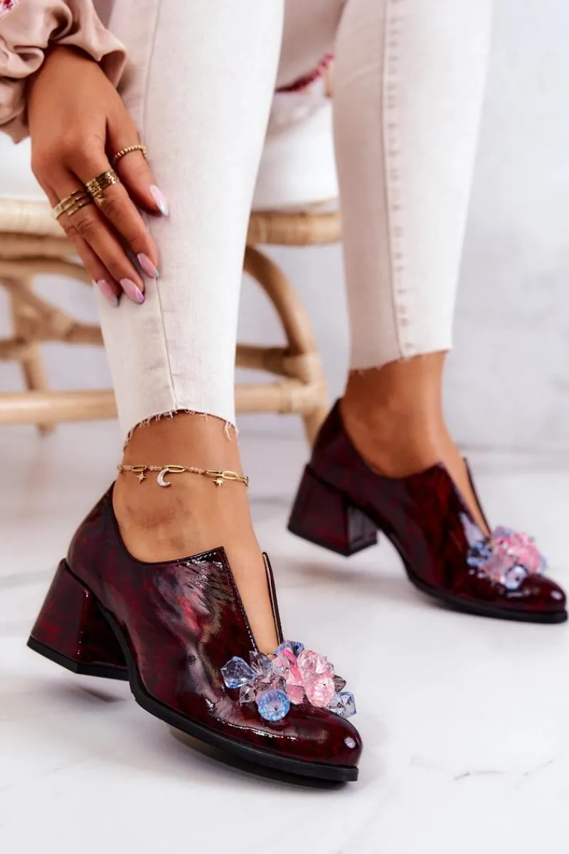 Półbuty Skórzane>Boto Skórzane Półbuty Mozaika Z Ozdobą Bordowe Delaver