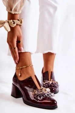 Outlet Skórzane Półbuty Mozaika Z Transparentną Ozdobą Bordowe Delaver Damskie Półbuty Skórzane